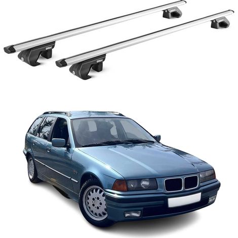 OMAC Barres de toit aluminium certifiées TÜV pour BMW Série 3 Break E36 E91 1994-2012 – Pour rails de toit standards – Rainure en T – Charge max 90 kg – 2 antivols Argent (1/4)
