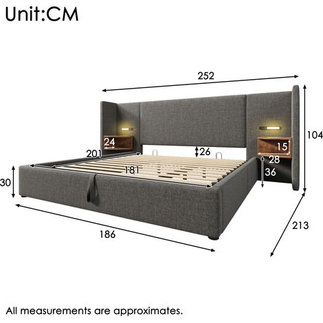 Lit rembourré double 180×200cm gris lin,table de chevet,lampe lecture,USB Type‑C,hydraulique,cadre à lattes bois/métal sans matelas