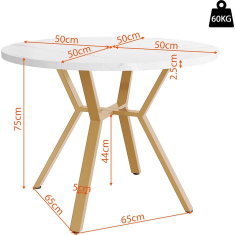 Table à manger, effet marbre, en MDF et acier, 100 x 100 x 75 cm, doré et blanc (1/5)