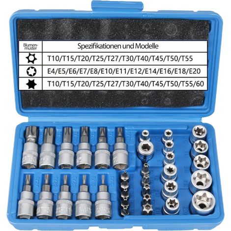 Lot de 34 - Douille Torx - Embout Torx - Acier CR-V et S2 - Pour Réparation Auto et Vélo - Bleu (1/5)