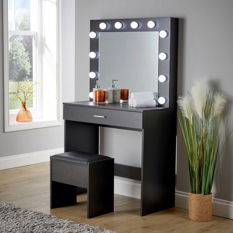 Black Dressing Table with Stool LED Lights Makeup Vanity Desk Set Conveniet (1/5)