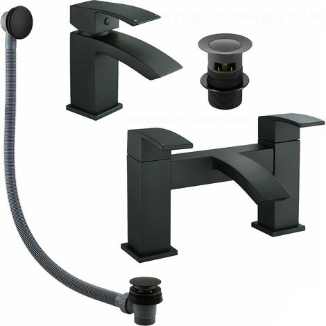 Matt Black Square Basin Sink Tap & Bath Filler Set with Matching Waste Plugs
