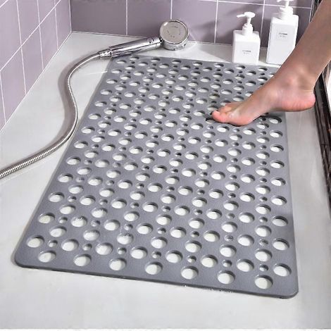 Tapis de bain antibactérien et antidérapant, tapis de baignoire, résistant à la moisissure, lavable en machine, gris à trous ronds, 75 x 43 cm (1/4)