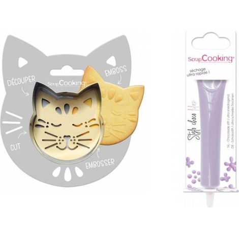Kit pour biscuit en relief Chat + Stylo au chocolat lilas