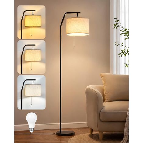 Lampadaire sur Pied, 3 Températures de Couleur, Noir et Beige avec Interrupteur à Tirette, Lampe sur Pied avec une Ampoule LED de 9 W, Abat-Jour en Tissu Réglable, pour Chambre, Bureau (1/5)