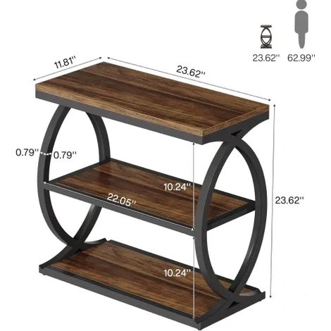 Table d'appoint industrielle en bois et métal 60 cm, 3 étagères ouvertes, style ferme (1/5)