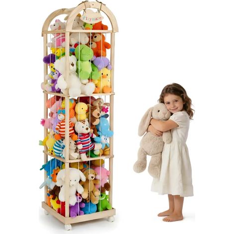 Rangement jouets en bois sur roulettes 360° – Étagère 3 niveaux à peluches avec freins, plaque à personnaliser, 150 x 40 x 40 cm (1/5)