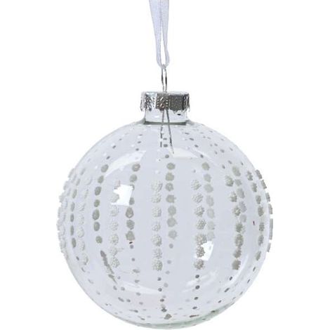 Sfera natalizia trasparente in vetro con perline bianche 8 cm