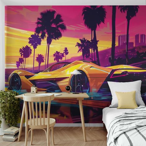 Papier Peint Rétro - Supercar Sunset Néon - 150 x 250 cm (1/2)