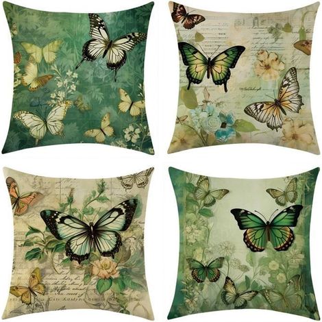 Taie d'oreiller, Set von 4 Stück, bedrucktes Leinen, quadratischer Kissenbezug für Bett, Auto, Zuhause, Sofa, 45 x 45 cm