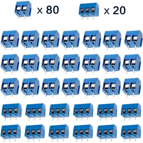 100 Pièces PCB Vis Connecteur, Bornier à Souder Bleu 5mm, Bornier à Vis de PCB Circuit Imprimé 2 Broches (Pin) et 3 Broches (Pin) (1/5)