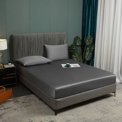 Drap Housse 160x200 Gris Lyocell Bambou Bonnet 30 cm Unie Motif Drap de lit Tencel Soie Lisse Soyeux Brillant Adulte Uni Drap-Housse 160 x 200cm Respirant pour Matelas Épais (1/5)