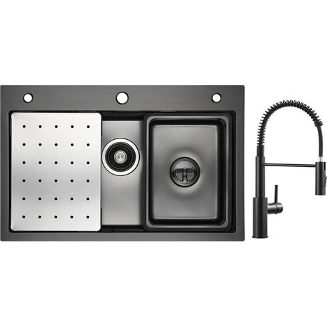 Cecipa Lavello Antracite 1 Vasca 70×45 cm con Gocciolatoio / Vaschetta / Dosatore Sapone + Miscelatore Cucina a Molla con Doccetta Estraibile, Rubinetto Lavello 2 Modalità Uscita Acqua, Nero (1/5)