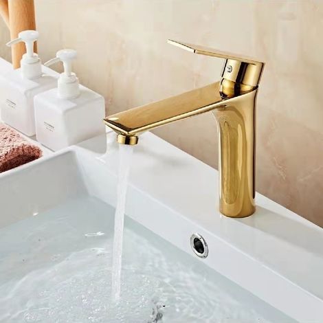 Nordic-style tall basin faucet for hot and cold water, bathroom vanity, washbasin, countertop basin, splash-proof faucet - gold low-profile model