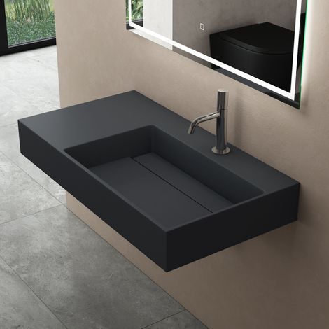 doporro® Lavabo de diseño 75x48x13cm desagüe oculto Colossum12-derecho en antracita mate de mármol fundido apto como lavabo sobre encimera y lavabo suspendido