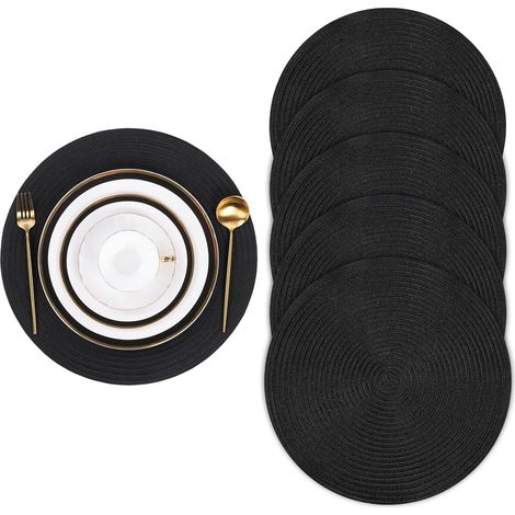 Lot de 6 sets de table ronds tissés, isolants, antidérapants, lavables, noir. (1/5)