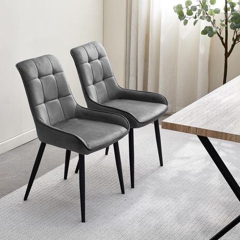 Dining Chair 2x Velvet Upholstered Chair Kitchen Chair Lounge Leisure with Backrest Metal Legs Grey (1/5)