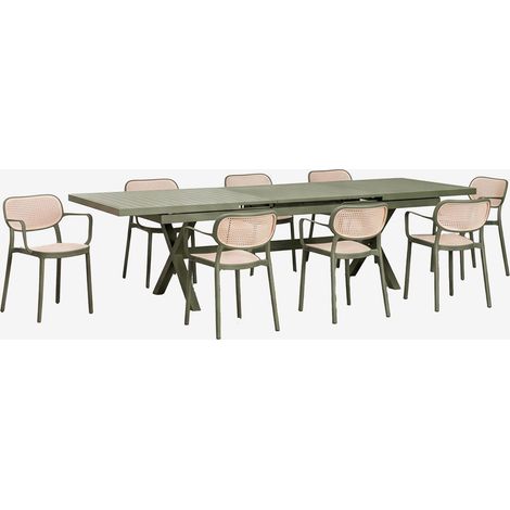 Set de mesa rectangular 240-300x100 cm extensible Karena y 8 sillas de jardín apilables con reposabrazos Omara SKLUM        (1/5)