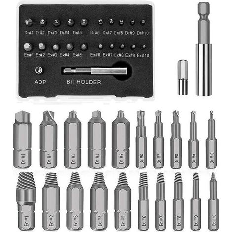 Kit d'Extracteurs de Vis Cassée,22 Pièces HSS, avec Porte-embout Magnétique et Adaptateur de -DOUille,Pour Extraire Vis Endommagées, Décapées ou Boulons,OUYLAF-DOU
