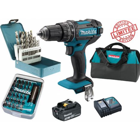 Makita – Pack perceuse visseuse à percussion 18V 62Nm – 1 batterie 3Ah – 30 embouts vissage – 18 forets pour bois, acier, béton – Sac de transport (1/5)