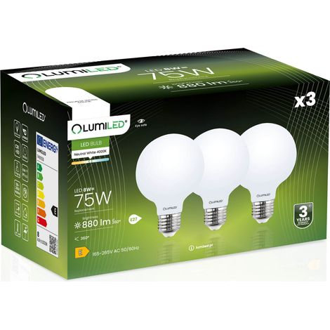 3 bombillas LED E27 esféricas G95 de 8W = 75W, 880lm, 4000K, neutro, 360°, filamento LUMILED