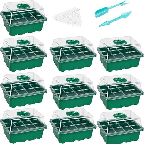 Lot de 10 Plateaux de semis, 12 alvéoles, Polypropylène, Dôme humidité, Base étanche, Jardinage intérieur (1/5)