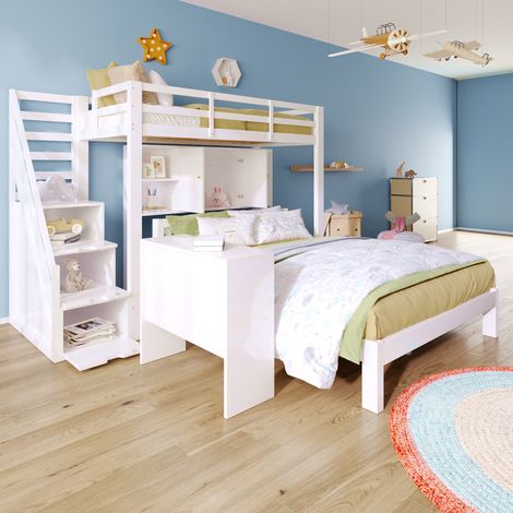 Letto a castello in legno massello e MDF bianco 90x200/140x200 cm con scala contenitore, scaffali e tavolino mobile (1/5)