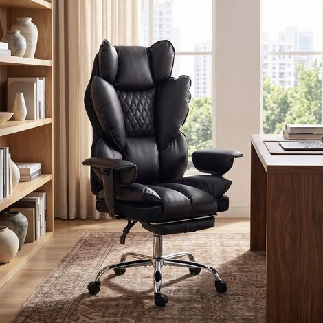 Fauteuil de chef en similicuir jusqu‘à 180 kg, grande chaise de bureau avec ressorts de poche et fonction de couchage, noir (1/5)