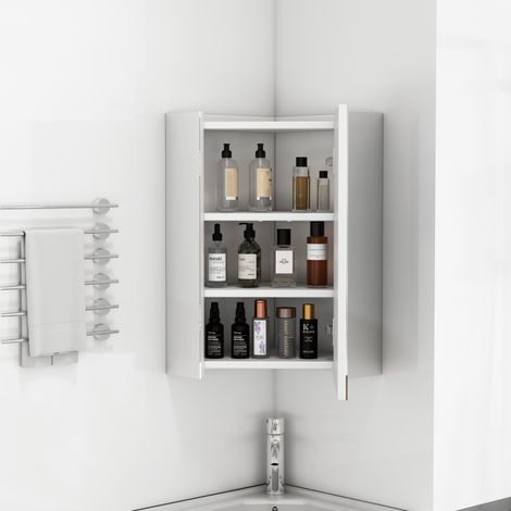 Armario espejo de baño esquinero de pared con 3 espejos, bisagras amortiguadas, estantes integrados, MDF blanco y vidrio (1/5)