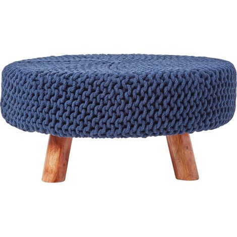 HOMESCAPES Navy Blue Large Round Cotton Knitted Footstool on Legs (1/5)