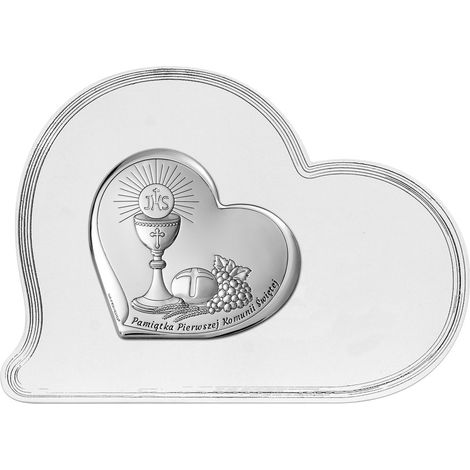 Foto ricordo della Prima Comunione in argento con cuore inciso su pannello bianco  Dimensioni: 16,1x12 cm  Codice articolo: BC6755SF/1S
