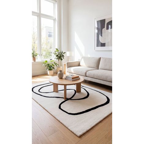 Tapis en laine Abstract Allure - Tapis en laine  - 290x190cm, Rectangular - 100% Laine vierge - Tufté main - Noir et blanc