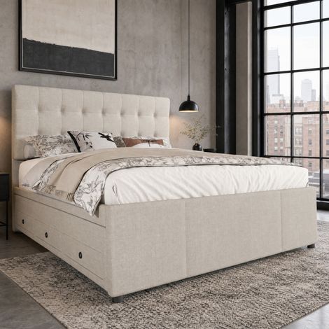 Cama tapizada doble 140x200 cm extensible con tres cajones, cabecero regulable y estructura de madera, beige, ideal para invitados y dormitorio - CHICFURN (1/5)