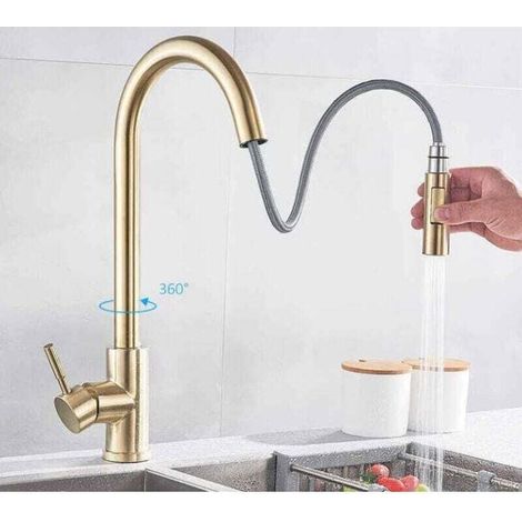 Küchenarmatur mit ausziehbarer Brause, 360° schwenkbarem Auslauf, 2 Strahlarten, hohem Schwanenhals, Einhebelmischer, Messing, gebürsteter Goldfinish
