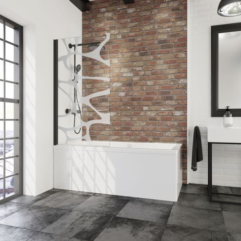 Schulte Duschwand für Badewanne 1-teilig schwenkbar - 80 x 140 cm, Glas: 5 mm Sicherheitsglas Dekor Wave mit fixil-Glasbeschichtung, Profil: Mattschwarz