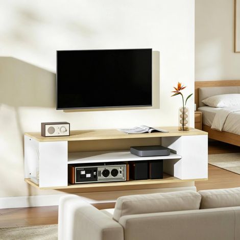 TV-Lowboard (120x40x38.5 cm), mit Rollen, Wandbefestigung und offenen Fächern, Spanplatte, Naturweiß (1/5)