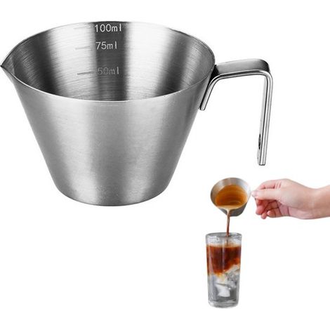 1 pièce - tasses à expresso - acier inoxydable - tasse doseuse avec bec verseur unique et graduation - poignée - accessoires pour expresso pour la préparation du café (100 ml, couleur argent) (1/5)