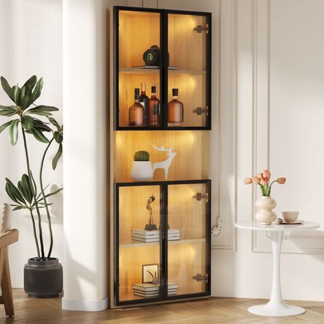 Eckvitrine aus MDF in Eichenoptik 62 x 32 x 160 cm mit Sicherheitsglas, LED-Beleuchtung und Soft-Close-Scharnieren