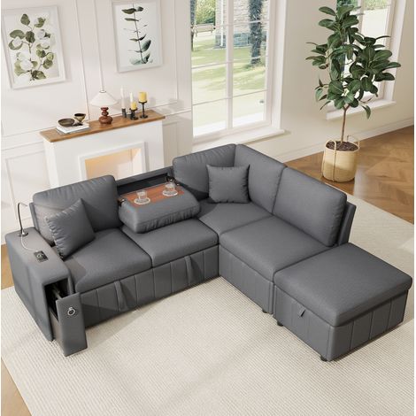 Sofá rinconera en L 213/184/88 cm gris de lino, cama extraíble con puf arcón, USB, Type-C y luz de lectura (1/5)