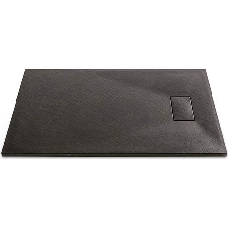 Piatto Doccia Spessore 2.6 Cm Resina SMC Effetto Pietra Stone Ardesia Antiscivolo Riducibile Filopavimento Con Griglia Di Copertura Nero 100x100 Cm - Misura: 80x80 cm (1/4)
