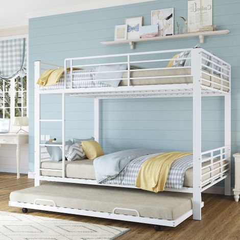 Letto a castello in metallo 140200 per 3 persone, letto a castello triplo con letto inferiore estraibile, letto per ragazzi, letto per bambini, struttura in metallo, bianco (1/5)