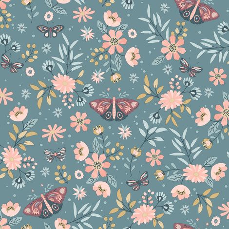 Papier peint floral papillons fond vert canard (1/2)