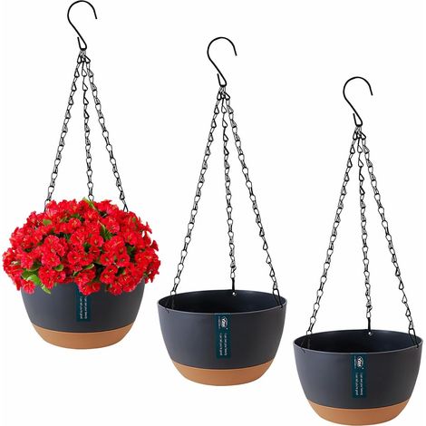 Lot de 3 pots suspendus, résine PP, trous drainage, soucoupes incluses, chaîne fer antirouille, intérieur extérieur