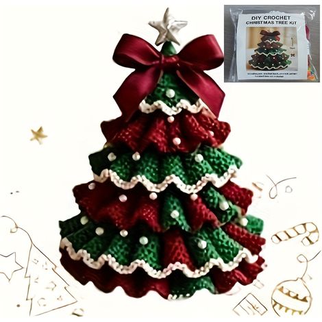 Kit de sapin de Noël au crochet - Ensemble de décorations de Noël faites à la main avec nœud rouge et vert, ornements en perles et décoration festive (1/5)