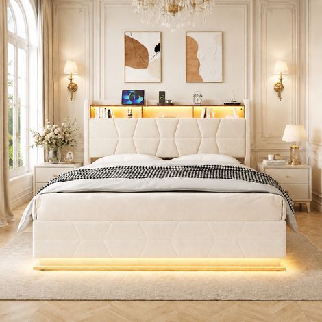 Lit 160x200cm - Tête de Lit avec Étagères et Poches Latérales - LED au Pied - Prises USB/Type-C - Sommier Pneumatique - Capacité 300kg - Beige (1/5)