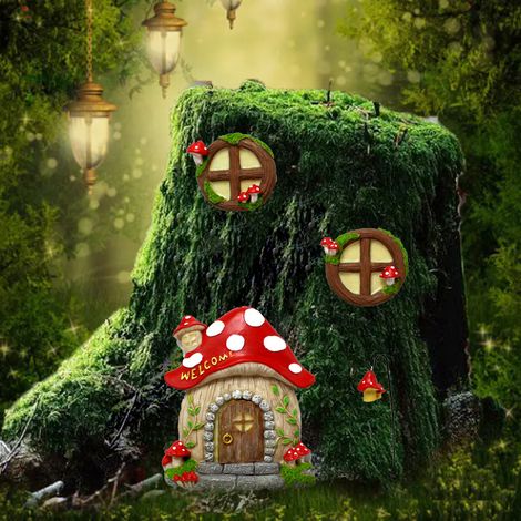 Miniatur-Hausfenster und -tür mit im Dunkeln leuchtender Katzentoilettenlampe, schlafende Fee, Tür und Fenster, Garten- und Hofskulptur für Baumdekoration, Gartenhof (Pilz)