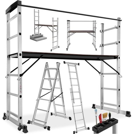 Échelle multifonctions 4 en 1 en aluminium avec 2 roulettes, 150 kg max (1/5)
