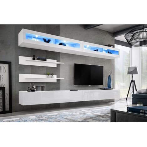 Ensemble mural - FLY I - 2 rangements LED - 2 meubles TV - 2 étagères - Blanc - Modèle 1 - Livraison gratuite