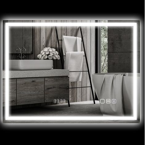 Specchio LED bagno 80 x 60 cm con Bluetooth, orologio, antiappannamento DESVIAE (1/5)