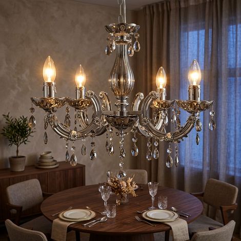 Lustre cristal suspension 5 flammes suspension salon, décor acrylique chrome, 5x E14, DxH 44x128 cm (1/5)